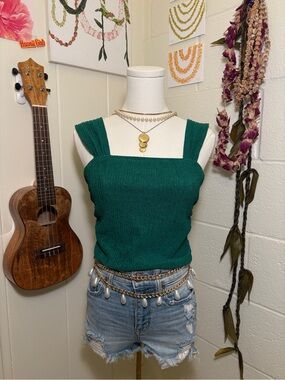 Green Smocked Square-Neck Crop Top - Women
